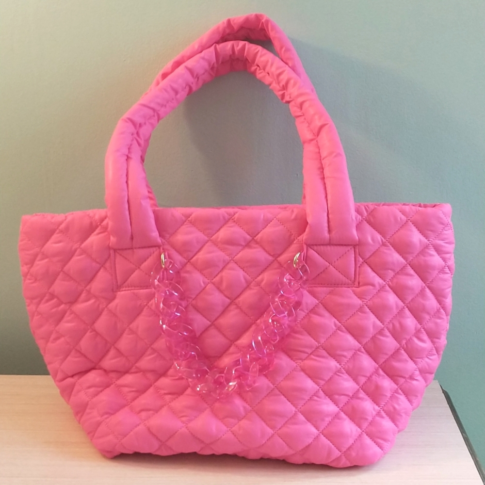 Jill and Ally Pop'n Pink Quilted Nylon Tote w/Chain and Pockets
